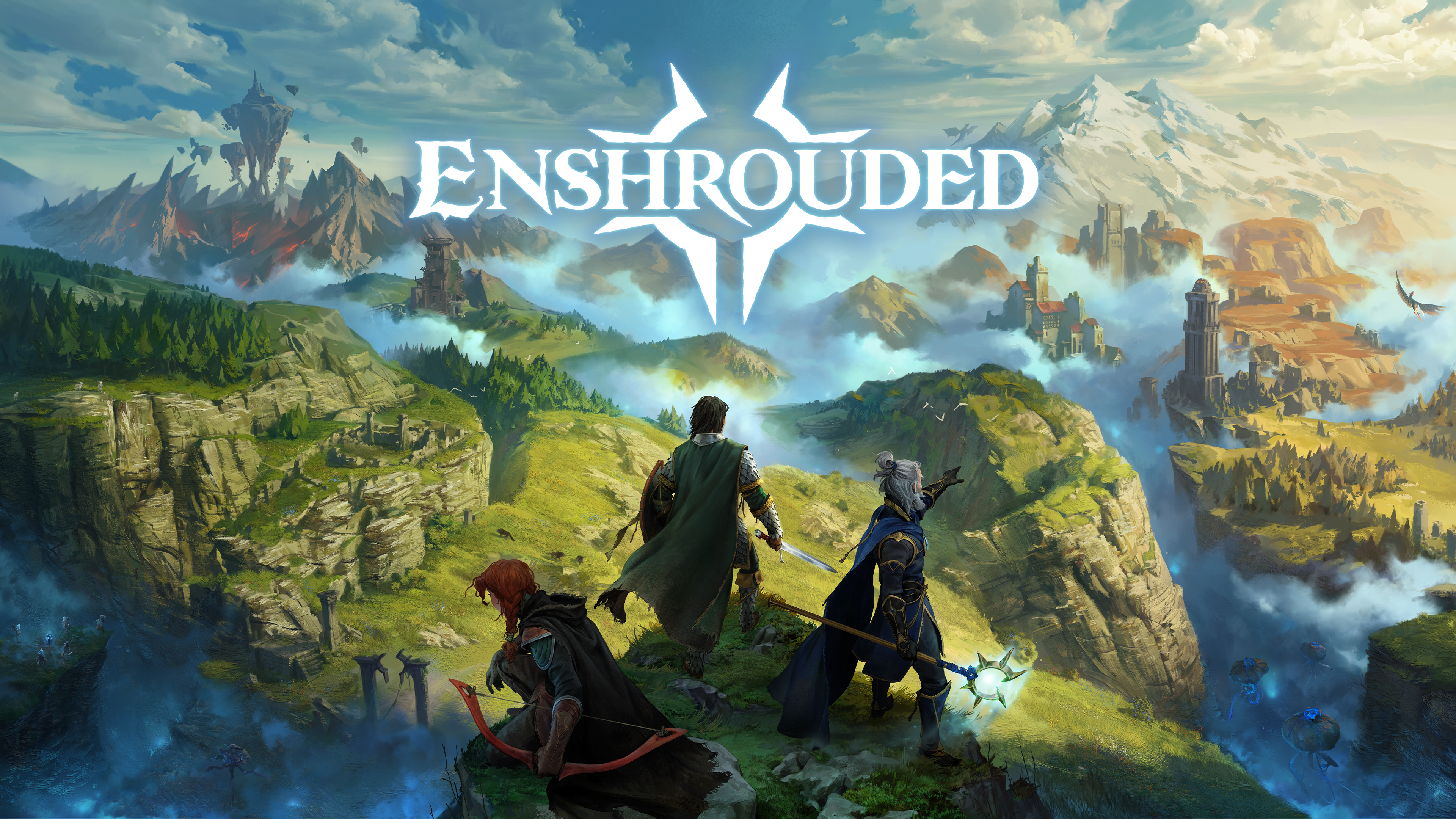 Three adventurers overlook a vast fantasy landscape of green valleys, ancient ruins, mist-covered cliffs and snow-capped mountains, with the Enshrouded logo prominently displayed above them.