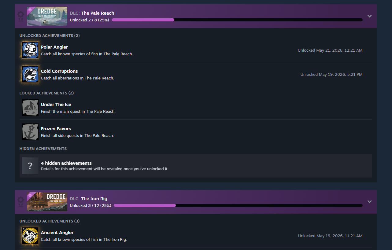 Steam achievement progress for DREDGE, showing 2 of 8 achievements unlocked in The Pale Reach DLC and 3 of 12 in The Iron Rig DLC, with completed fishing achievements and remaining locked and hidden objectives.