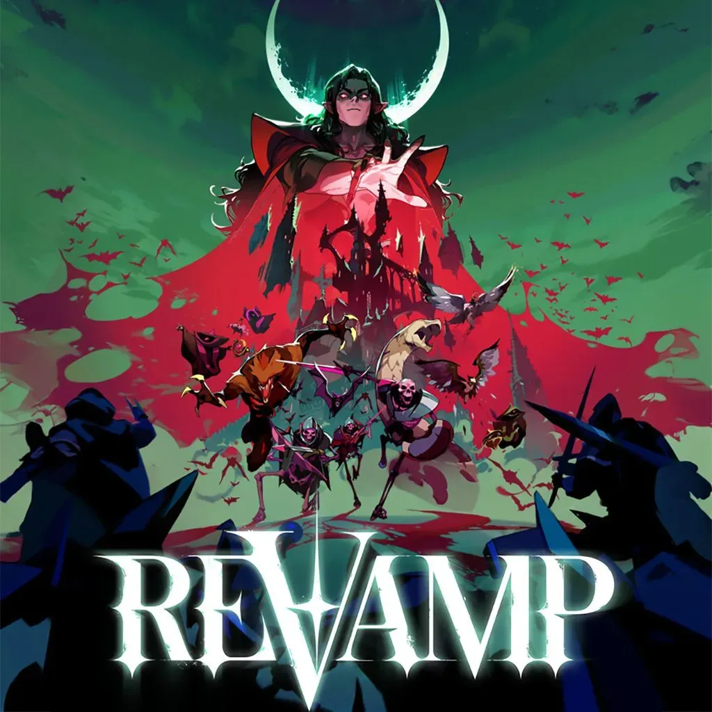 REVAMP promotional artwork featuring a dark-haired vampire with glowing eyes beneath a crescent moon, towering over a gothic castle and a horde of monsters against a green and crimson sky.